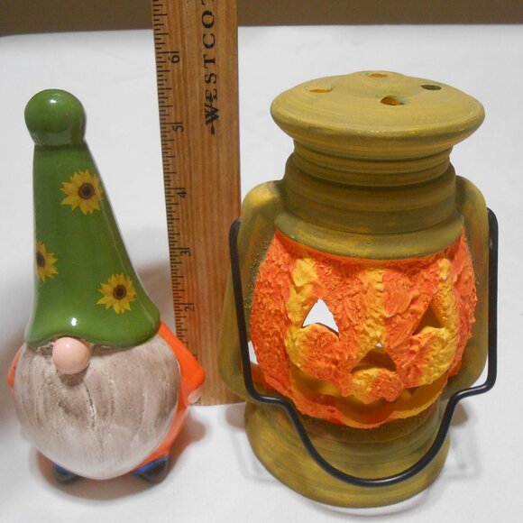 LOT HALLOWEEN DECOR PUMPKIN CANDLE HOLDER LANTERN & PORCELAIN GNOME 6 INCHES π - Picture 8 of 9